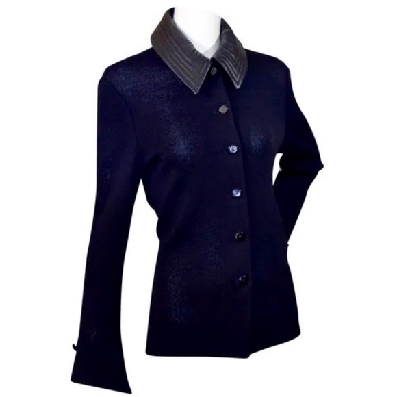 Black Lambskin Santana Knit  Blazer with removable leather collar - Picture 2 of 8